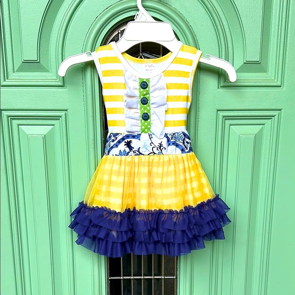 Giggle Moon Dress Size 24 Months Blue and Yellow Striped Dress With Bow
